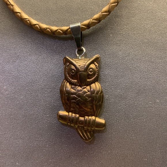 Carved Gold Hematite Owl Pendant Stone w/leather cord (adjustable) - Picture 6 of 6